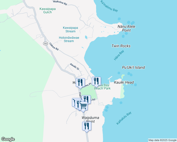 map of restaurants, bars, coffee shops, grocery stores, and more near 4933 Uakea Road in Hana