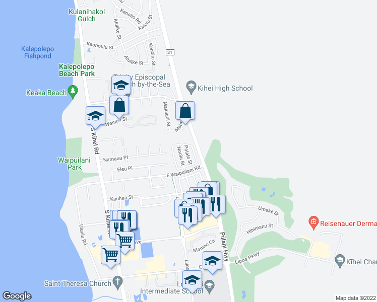 map of restaurants, bars, coffee shops, grocery stores, and more near 68 Polale Street in Kihei