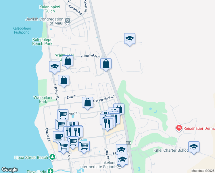 map of restaurants, bars, coffee shops, grocery stores, and more near 62 Polale Street in Kihei