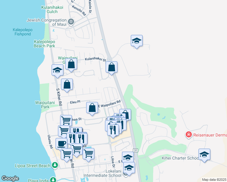 map of restaurants, bars, coffee shops, grocery stores, and more near 62 Polale Street in Kihei