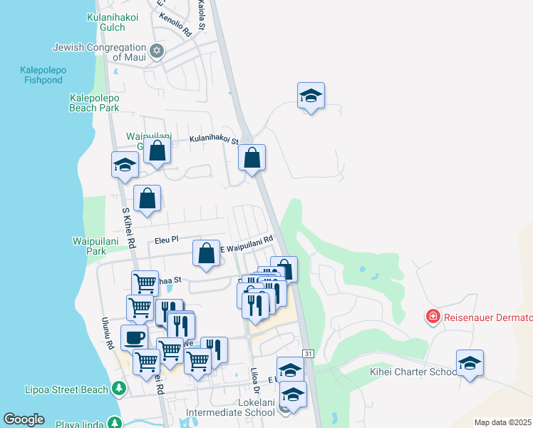 map of restaurants, bars, coffee shops, grocery stores, and more near 108 Kawailani Circle in Kihei