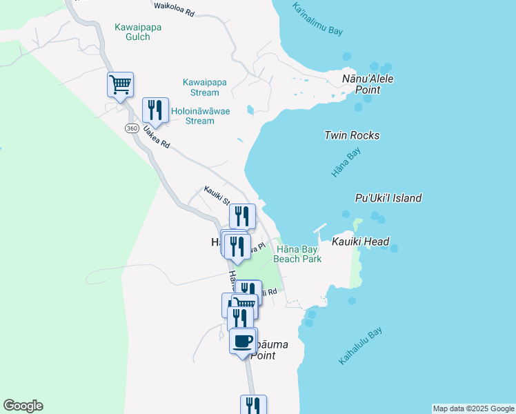 map of restaurants, bars, coffee shops, grocery stores, and more near 4933 Uakea Road in Hana
