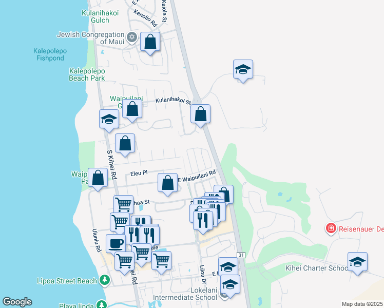 map of restaurants, bars, coffee shops, grocery stores, and more near 73 Noolu Street in Kihei
