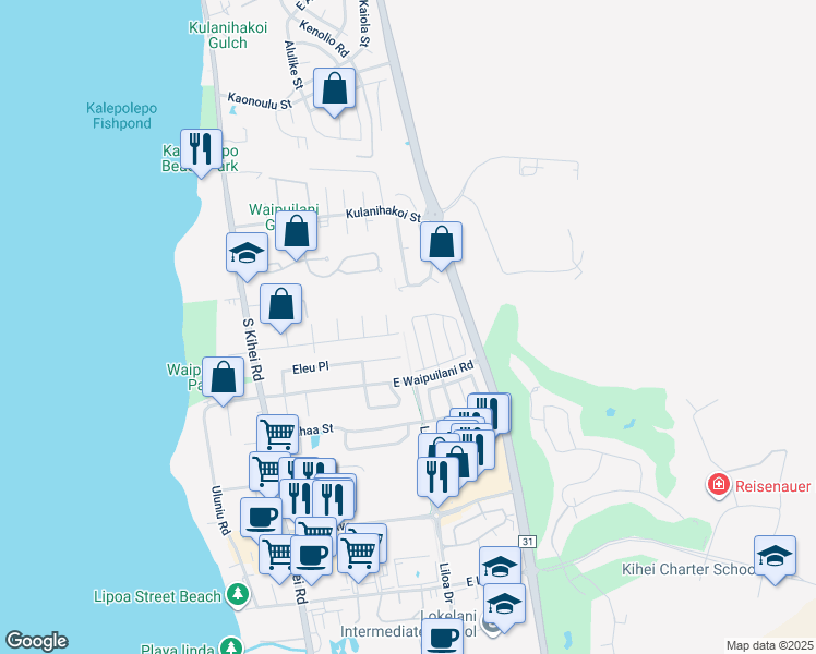 map of restaurants, bars, coffee shops, grocery stores, and more near 222 Kawailani Circle in Kihei