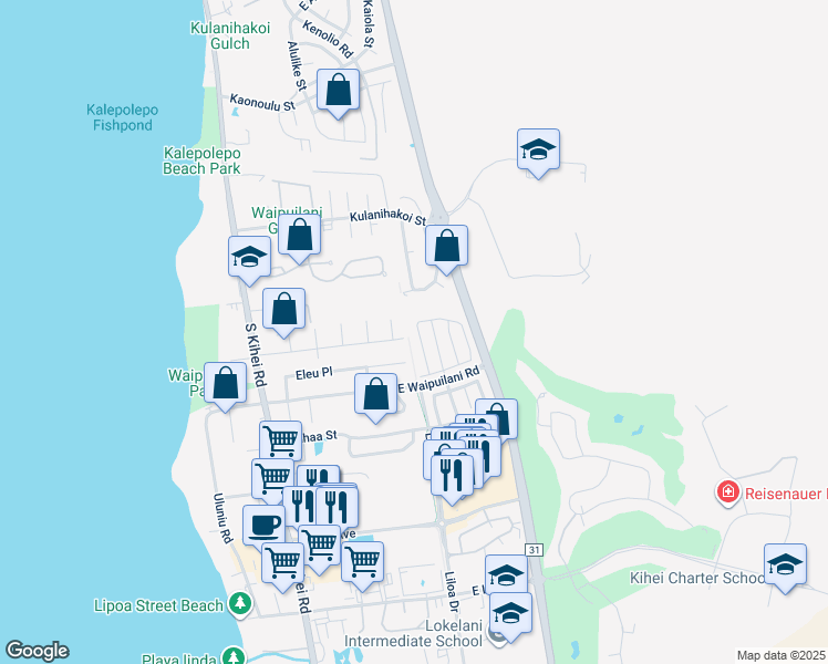 map of restaurants, bars, coffee shops, grocery stores, and more near 222 Kawailani Circle in Kihei