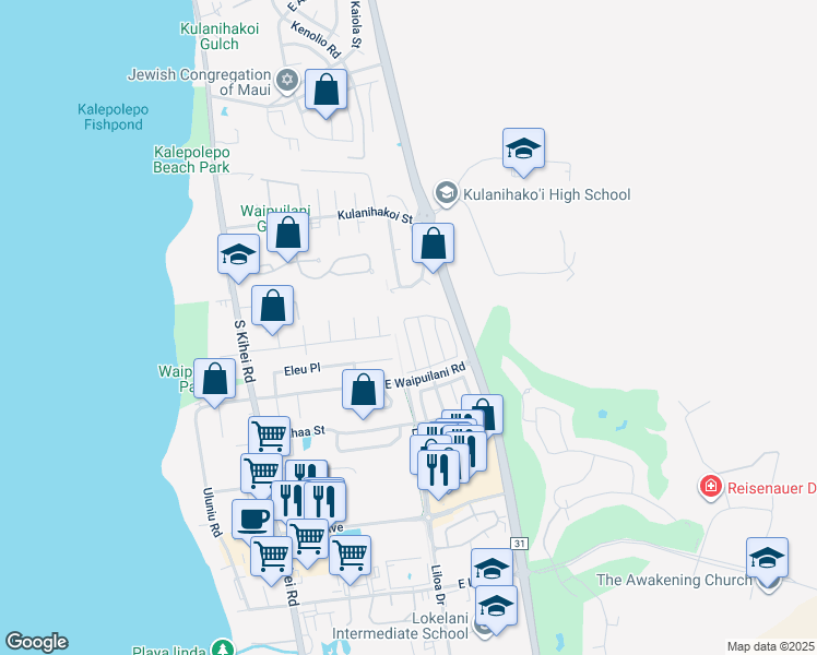 map of restaurants, bars, coffee shops, grocery stores, and more near 225 Kawailani Circle in Kihei