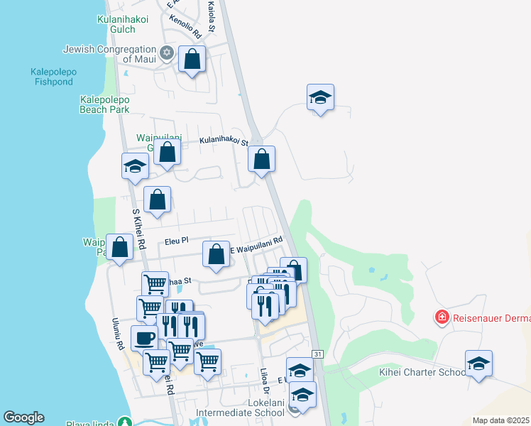 map of restaurants, bars, coffee shops, grocery stores, and more near 68 Polale Street in Kihei