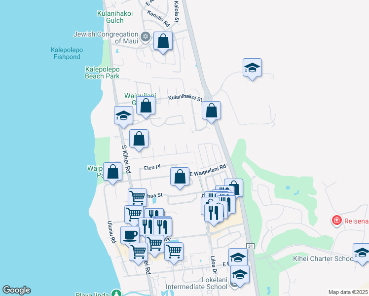 map of restaurants, bars, coffee shops, grocery stores, and more near 177 Namauu Place in Kihei