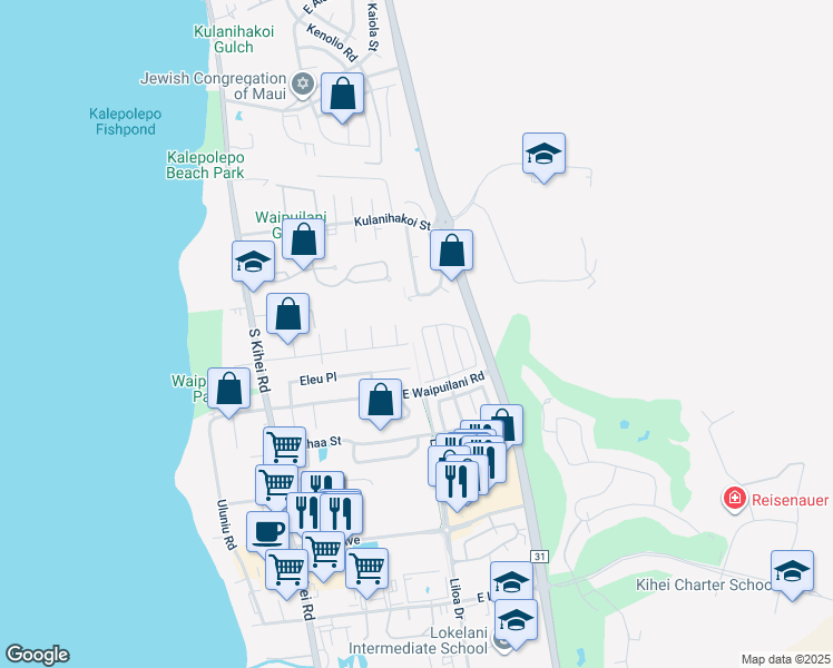 map of restaurants, bars, coffee shops, grocery stores, and more near 216 Kawailani Circle in Kihei