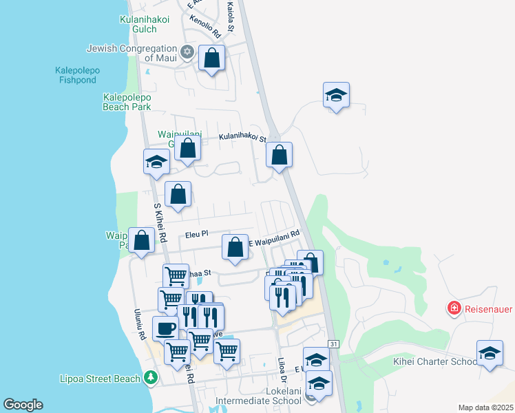 map of restaurants, bars, coffee shops, grocery stores, and more near 216 Kawailani Circle in Kihei