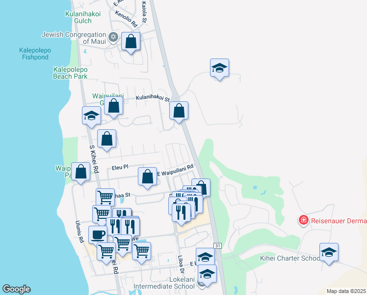 map of restaurants, bars, coffee shops, grocery stores, and more near 117 Kawailani Circle in Kihei