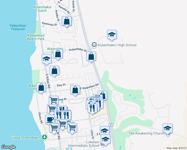 map of restaurants, bars, coffee shops, grocery stores, and more near 117 Kawailani Circle in Kihei