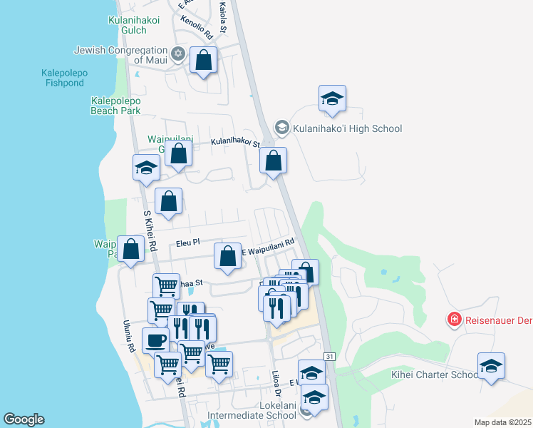 map of restaurants, bars, coffee shops, grocery stores, and more near 70 Noolu Street in Kihei