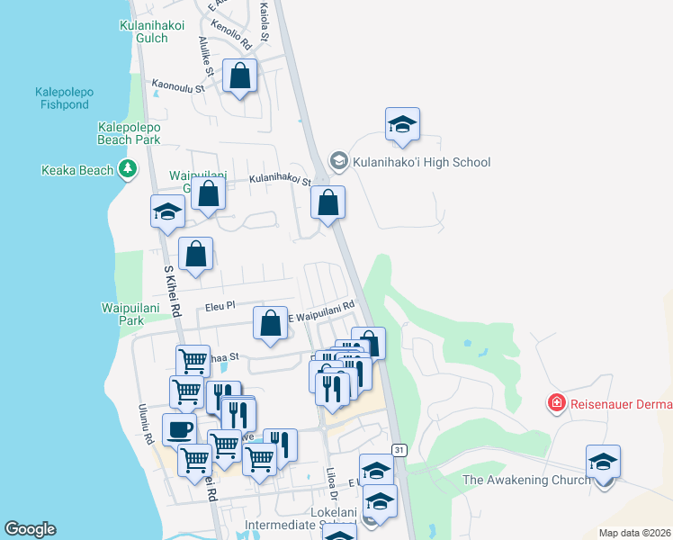 map of restaurants, bars, coffee shops, grocery stores, and more near 117 Kawailani Circle in Kihei