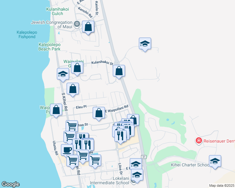 map of restaurants, bars, coffee shops, grocery stores, and more near 77 Polale Street in Kihei
