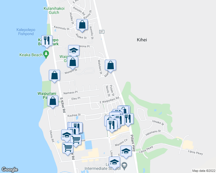 map of restaurants, bars, coffee shops, grocery stores, and more near 70 Noolu Street in Kihei