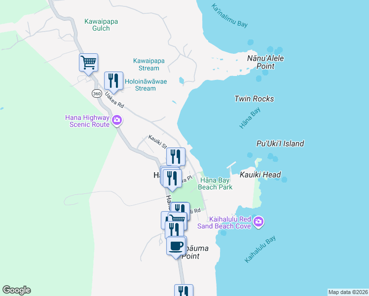 map of restaurants, bars, coffee shops, grocery stores, and more near 4950 Uakea Road in Hana