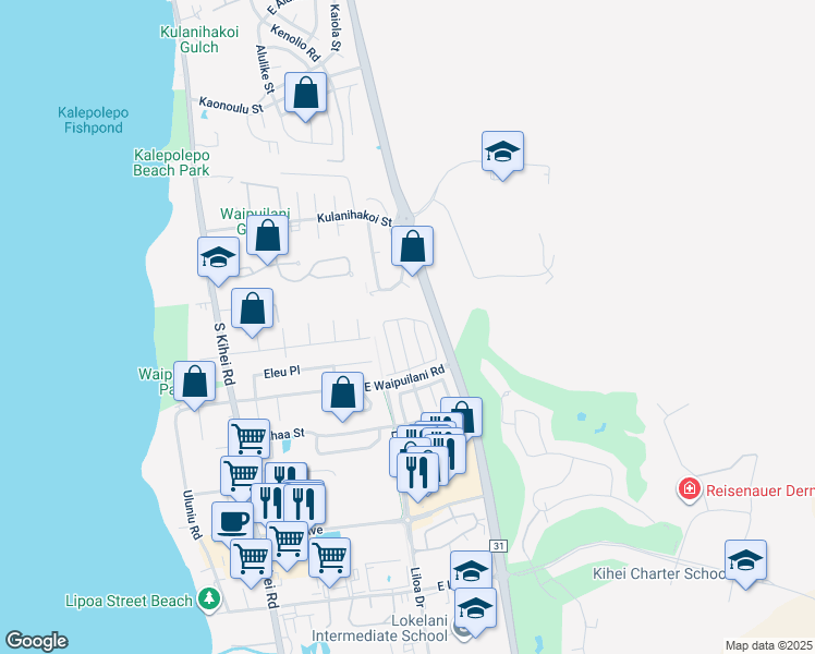 map of restaurants, bars, coffee shops, grocery stores, and more near 77 Polale Street in Kihei