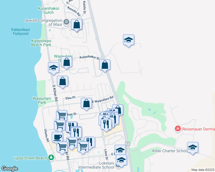 map of restaurants, bars, coffee shops, grocery stores, and more near 117 Kawailani Circle in Kihei