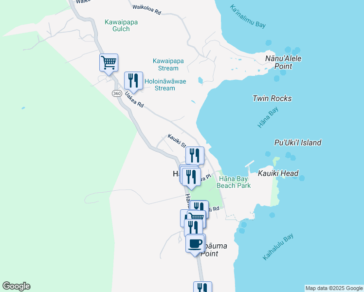 map of restaurants, bars, coffee shops, grocery stores, and more near 112 Kauiki Street in Hana