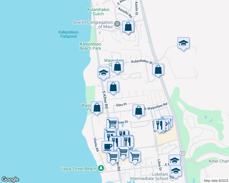 map of restaurants, bars, coffee shops, grocery stores, and more near 50 Hoonani Street in Kihei