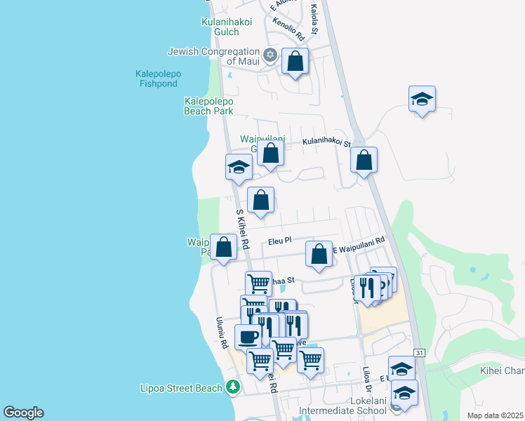 map of restaurants, bars, coffee shops, grocery stores, and more near 50 Hoonani Street in Kihei