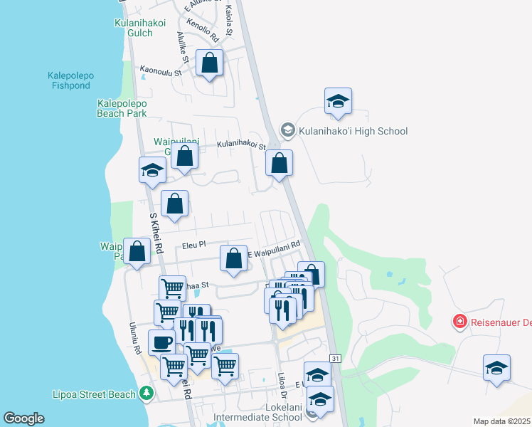 map of restaurants, bars, coffee shops, grocery stores, and more near 85 Noolu Street in Kihei