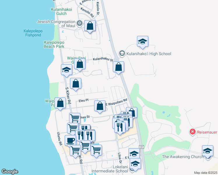 map of restaurants, bars, coffee shops, grocery stores, and more near 210 Kawailani Circle in Kihei