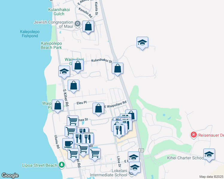 map of restaurants, bars, coffee shops, grocery stores, and more near 85 Noolu Street in Kihei