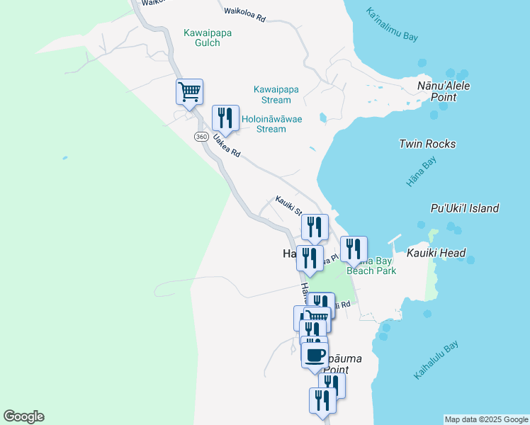 map of restaurants, bars, coffee shops, grocery stores, and more near 18 Kauiki Street in Hana