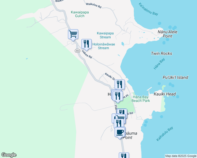 map of restaurants, bars, coffee shops, grocery stores, and more near 112 Kauiki Street in Hana