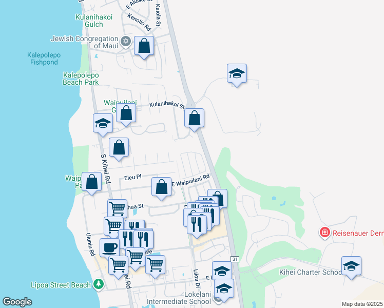 map of restaurants, bars, coffee shops, grocery stores, and more near 83 Polale Street in Kihei