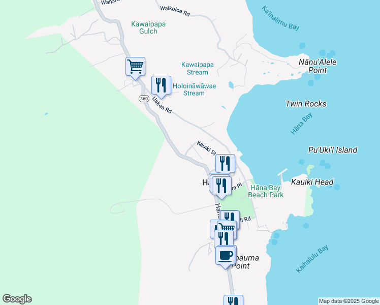 map of restaurants, bars, coffee shops, grocery stores, and more near 18 Kauiki Street in Hana