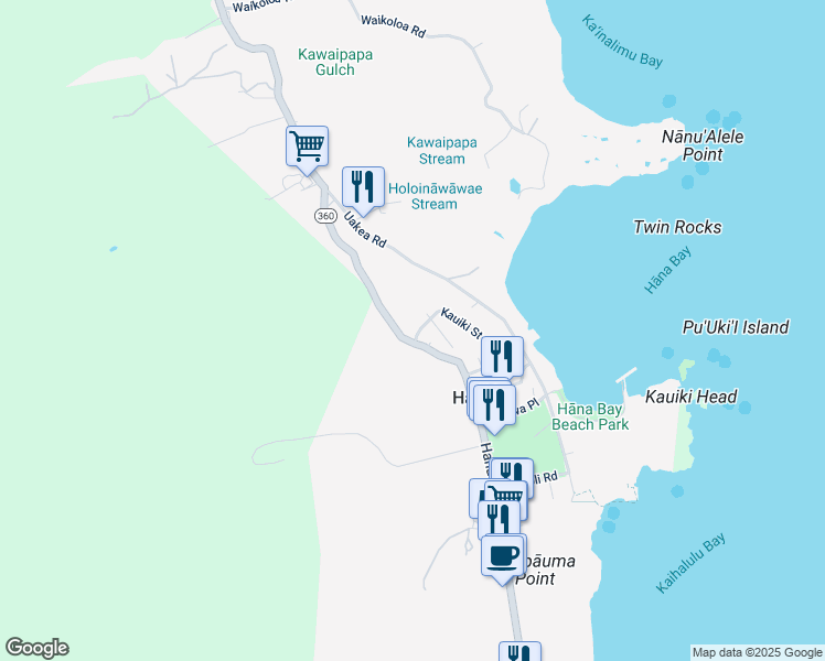 map of restaurants, bars, coffee shops, grocery stores, and more near 17 Kauiki Street in Hana