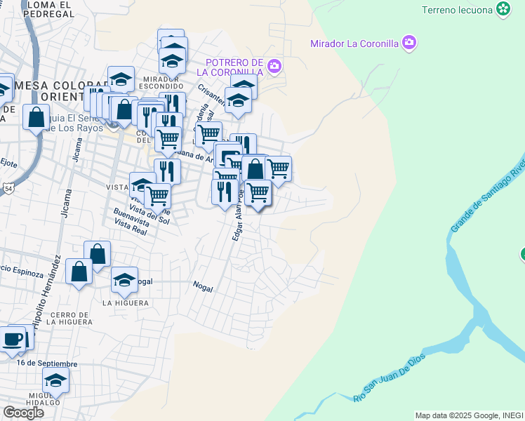 map of restaurants, bars, coffee shops, grocery stores, and more near 2828 Pablo Neruda in Zapopán