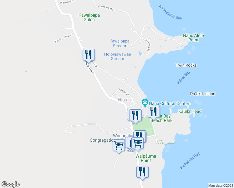 map of restaurants, bars, coffee shops, grocery stores, and more near 33 Noenoe Place in Hana