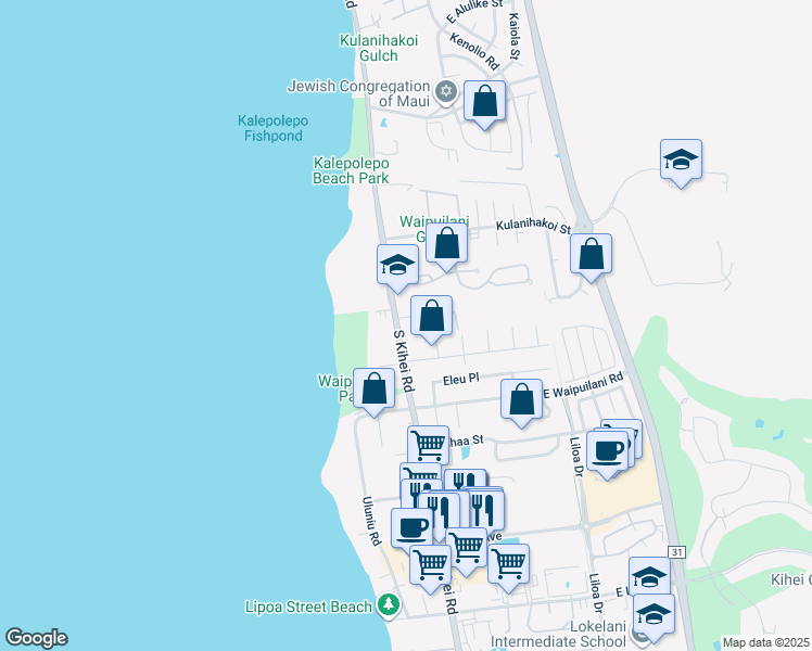 map of restaurants, bars, coffee shops, grocery stores, and more near 947 South Kihei Road in Kihei