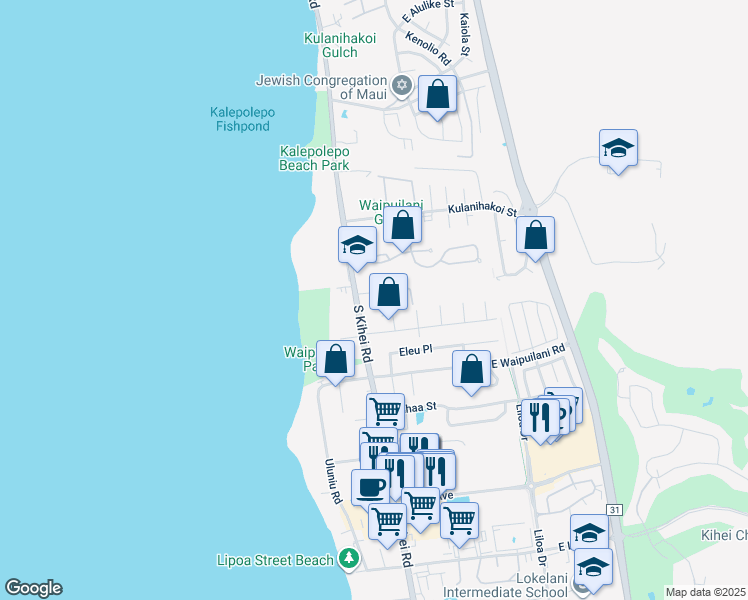 map of restaurants, bars, coffee shops, grocery stores, and more near 26 Hoonani Street in Kihei