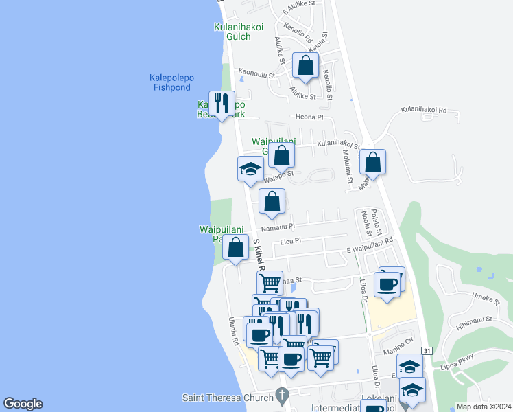 map of restaurants, bars, coffee shops, grocery stores, and more near 12 Hoonani Street in Kihei