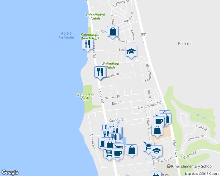 map of restaurants, bars, coffee shops, grocery stores, and more near 48 Hoonani Street in Kihei