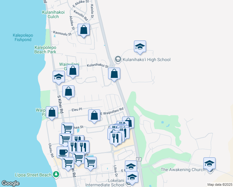 map of restaurants, bars, coffee shops, grocery stores, and more near 138 Kawailani Circle in Kihei