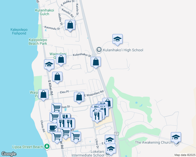 map of restaurants, bars, coffee shops, grocery stores, and more near 138 Kawailani Circle in Kihei