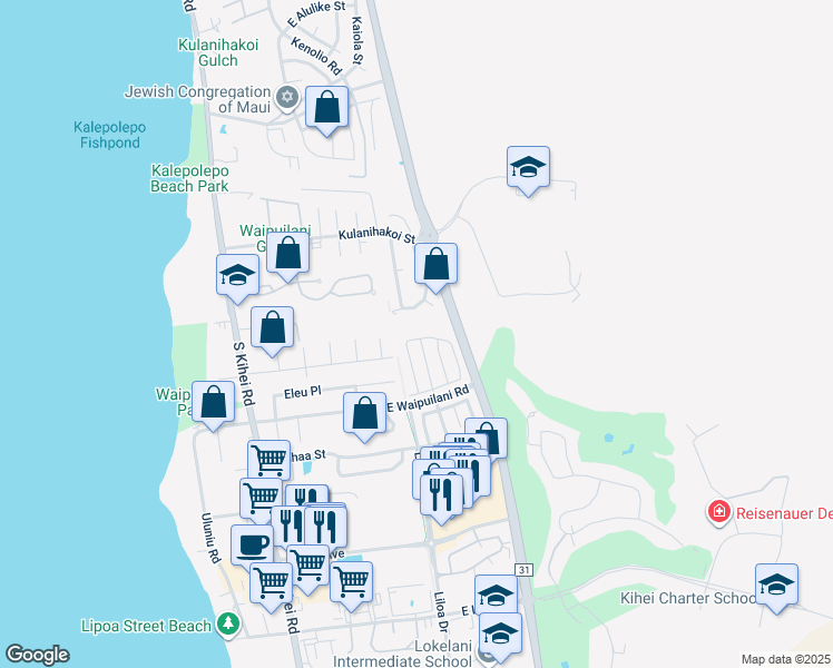 map of restaurants, bars, coffee shops, grocery stores, and more near 180 Kawailani Circle in Kihei