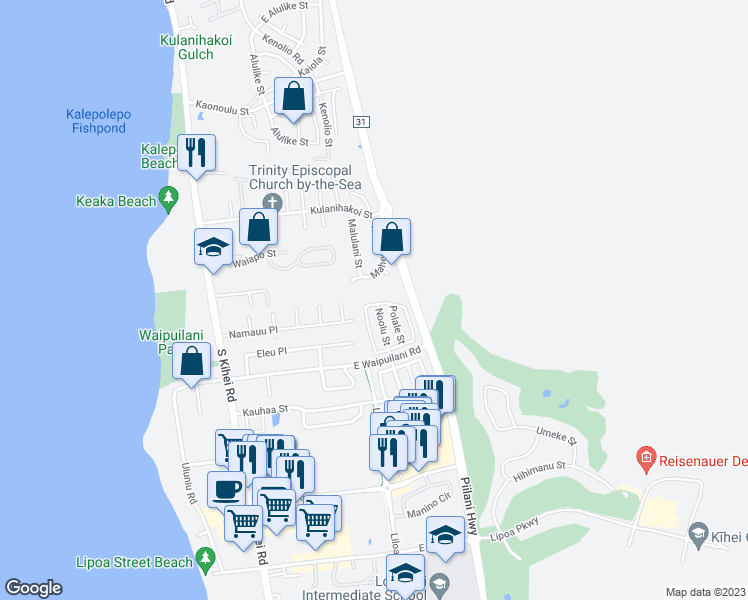 map of restaurants, bars, coffee shops, grocery stores, and more near 180 Kawailani Circle in Kihei
