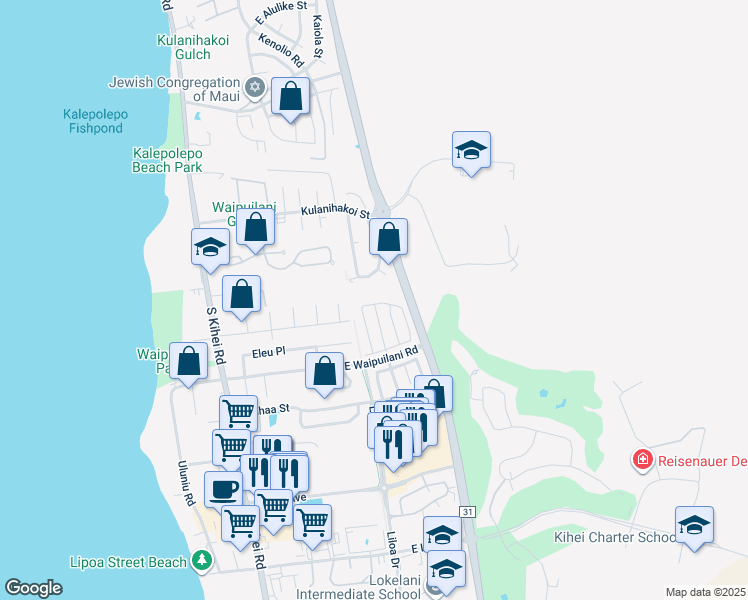 map of restaurants, bars, coffee shops, grocery stores, and more near 174 Kawailani Circle in Kihei