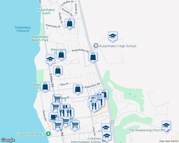 map of restaurants, bars, coffee shops, grocery stores, and more near 174 Kawailani Circle in Kihei
