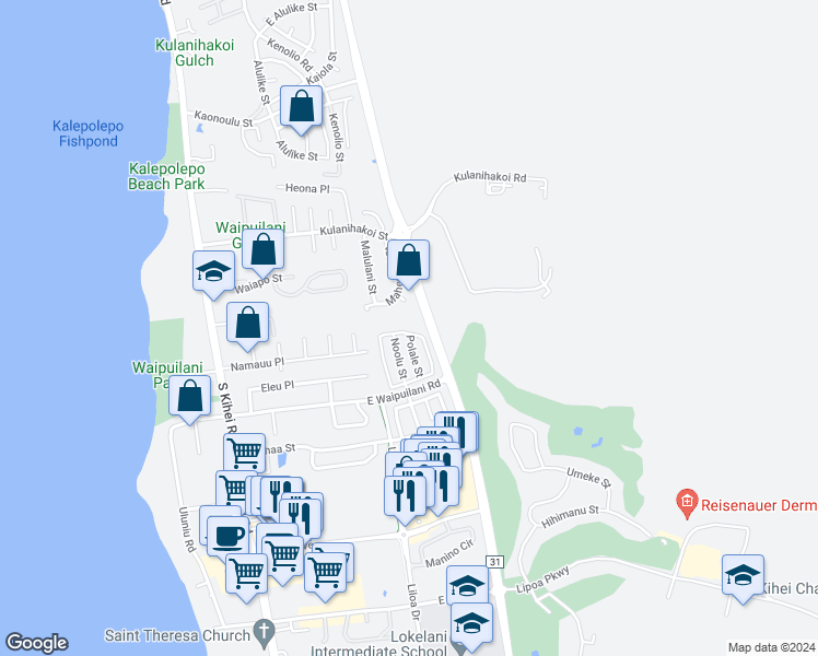 map of restaurants, bars, coffee shops, grocery stores, and more near 150 Kawailani Circle in Kihei
