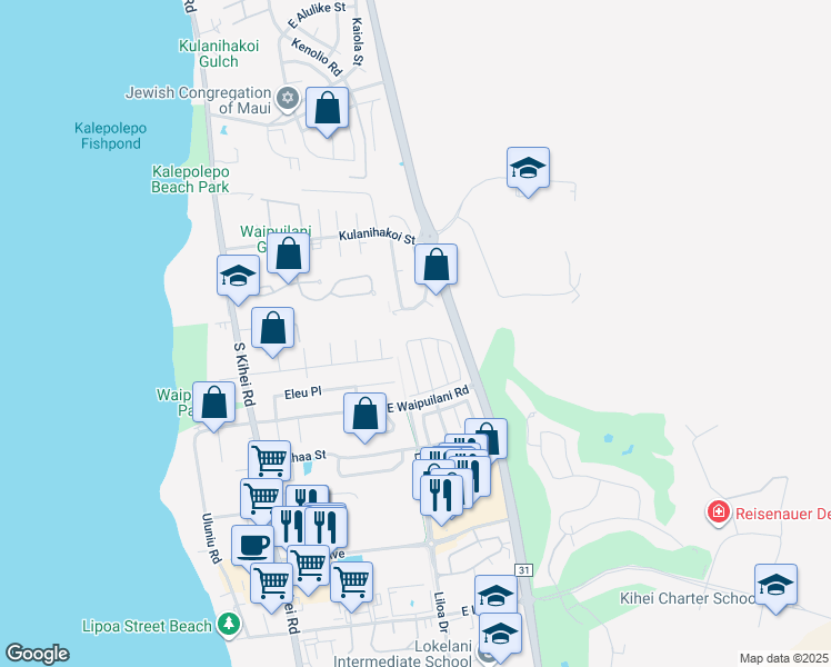 map of restaurants, bars, coffee shops, grocery stores, and more near 180 Kawailani Circle in Kihei