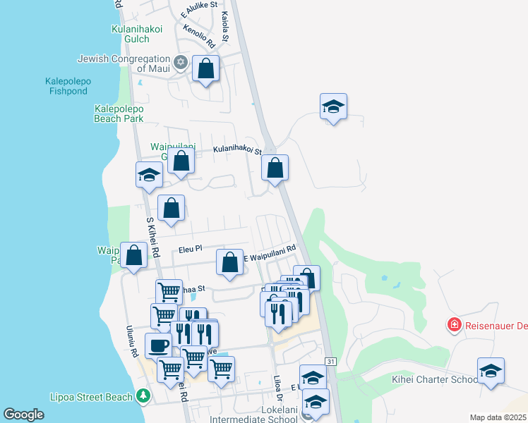 map of restaurants, bars, coffee shops, grocery stores, and more near 174 Kawailani Circle in Kihei
