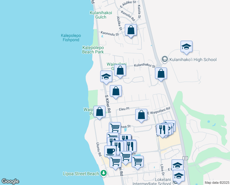 map of restaurants, bars, coffee shops, grocery stores, and more near 48 Hoonani Street in Kihei